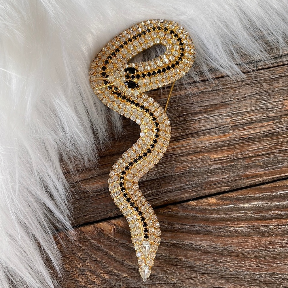 Vintage rhinestone rhodium plated serpent brooch EUC
